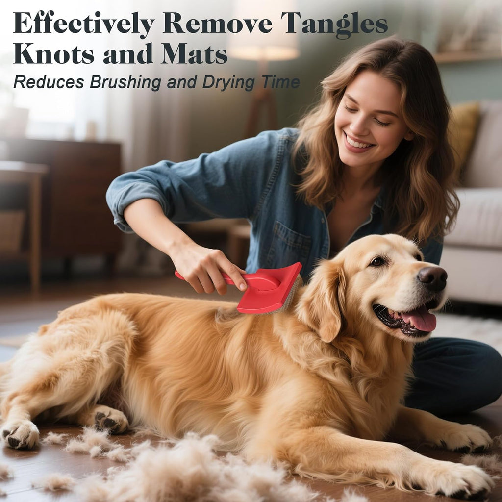 2PCS Slicker Brush for Dogs & Pet Comb,Professional Dog Grooming Brush (Goldendoodles,Poodles,Labradoodles) with Extra Long Pins to Effectively Remove Tangles, Knots and Mats (Red)