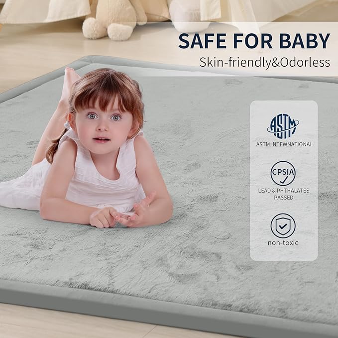 ACOMOPACK Baby Play Mat for Floor 1.3" Thick Memory Foam Play Mat 79"×157 Tummy Time Crawling with Non-Slip Bottom for Living Room,Nursery,Soft Velvet Playpen Mats for Kids,Infants（Light Grey）