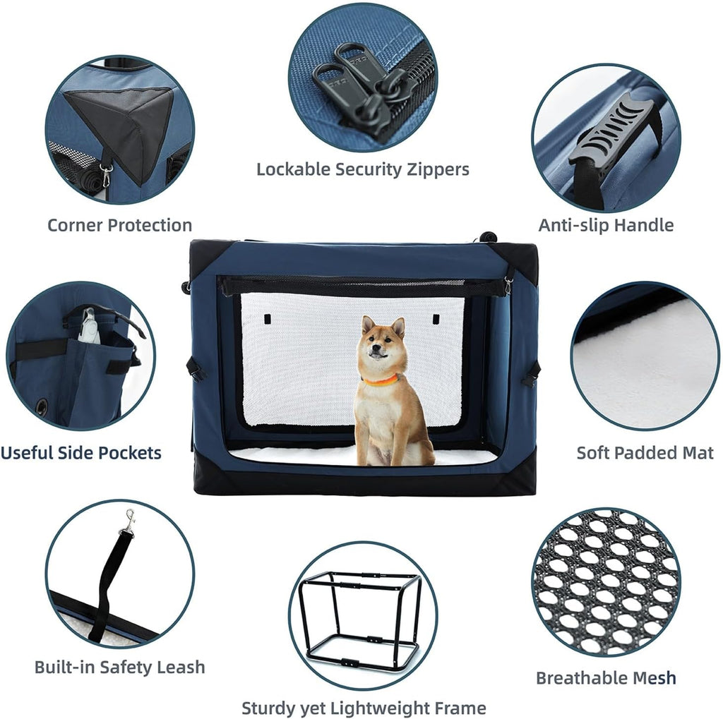 Pettycare 42 Inch Collapsible Dog Crate for Large Dogs, 4-Door Foldable Soft Side Kennel with Chew Proof Mesh Windows, Indoor & Outdoor Travel Crate, Navy Blue