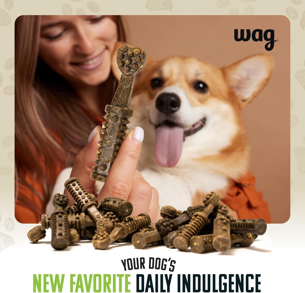 Amazon Brand - Wag Dental Chews - Green Dental Brush for Dogs, Large, Unflavored, 24 Count (Pack of 1)