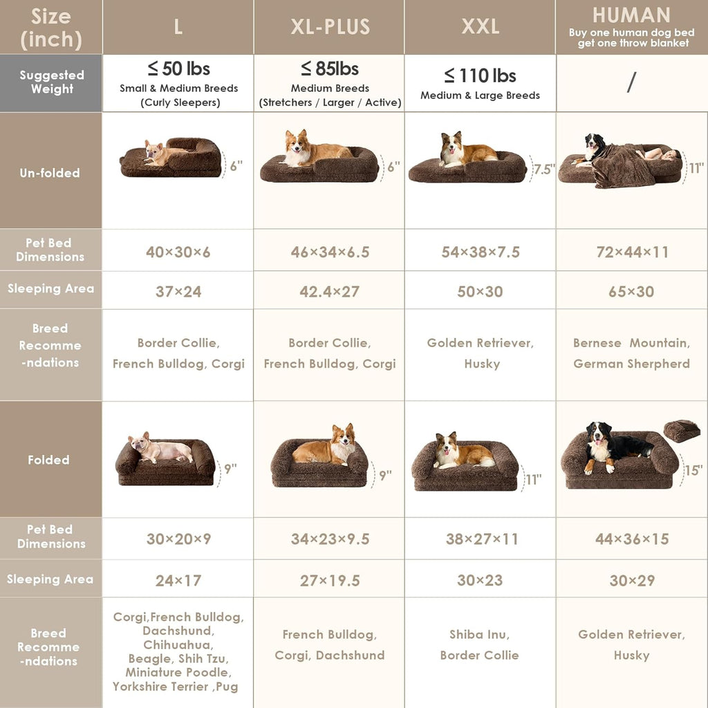 EHEYCIGA Foldable XL Dog Bed, Faux Fur Fluffy Pet Couch Bed for Large Dogs, Orthopedic Calming Memory Foam Big Pet Bed, Washable Soft Pet Sofa Bed with Non-Slip Bottom, Brown, 46"x34"x6.5"
