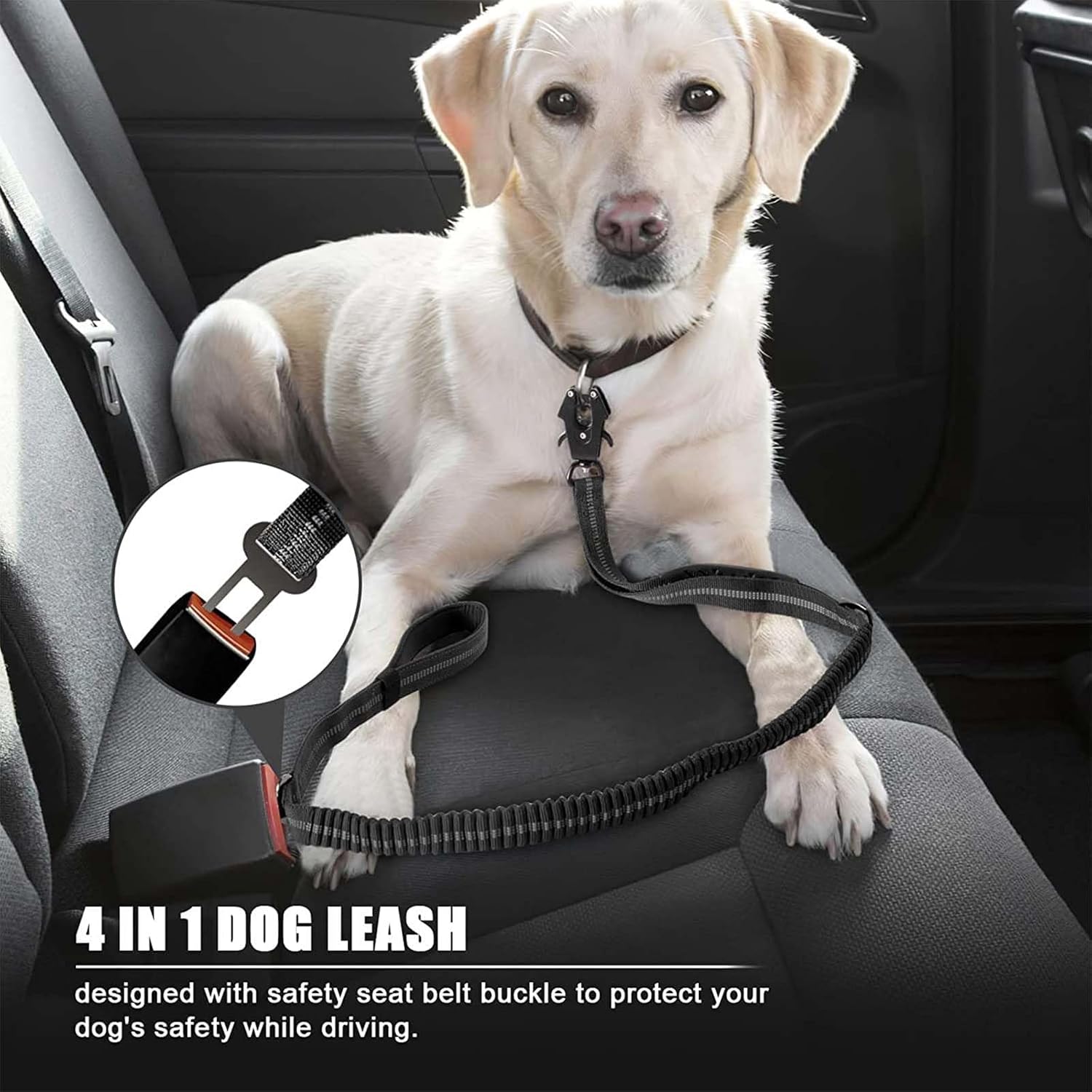 4-6FT Heavy Duty Dog Leashes for Large Dogs, Shock Absorbing Bungee Tactical Leash with 2 Padded Handle, Car Seatbelt and Metal Carabiner Clip, Strong No Pull Dog Leash for Medium