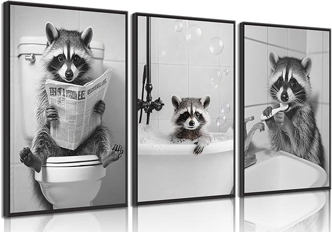 Funny Raccoon Bathroom Canvas Wall Art Black and White Cute Raccoon Sitting on Toilet Poster Print Artwork Humor Adorable Animals Pictures Wall Decor for Washroom Restroom laundry 16x24in Unframed