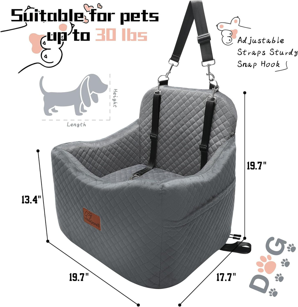 Dog Booster Car Seat for Dogs under 35lbs,Elevated Pets Seat with Safety Strap,Ultra Soft Fabric and Memory Foam Car Dog Bed,Safety,Comfy,Non-Slip&Washable Carseat Cushion for Travel,Cars,SUV.(H-Grey)