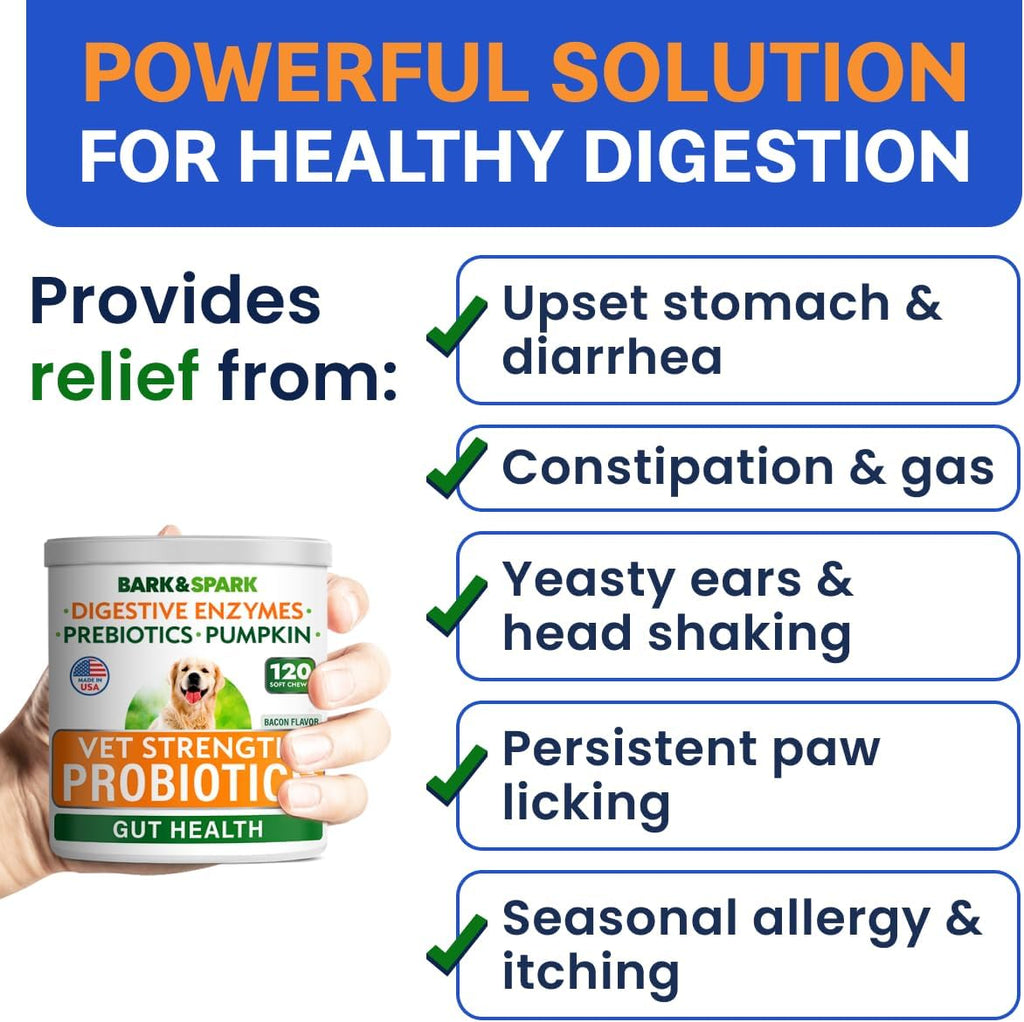Bark&Spark Vet Strength Dog Probiotics Chews & Digestive Enzymes for Allergies Itchy Skin - Dogs Digestive Health - Gas, Diarrhea, Constipation Relief Pills - Prebiotics for Dogs Gut Health (120 Ct)