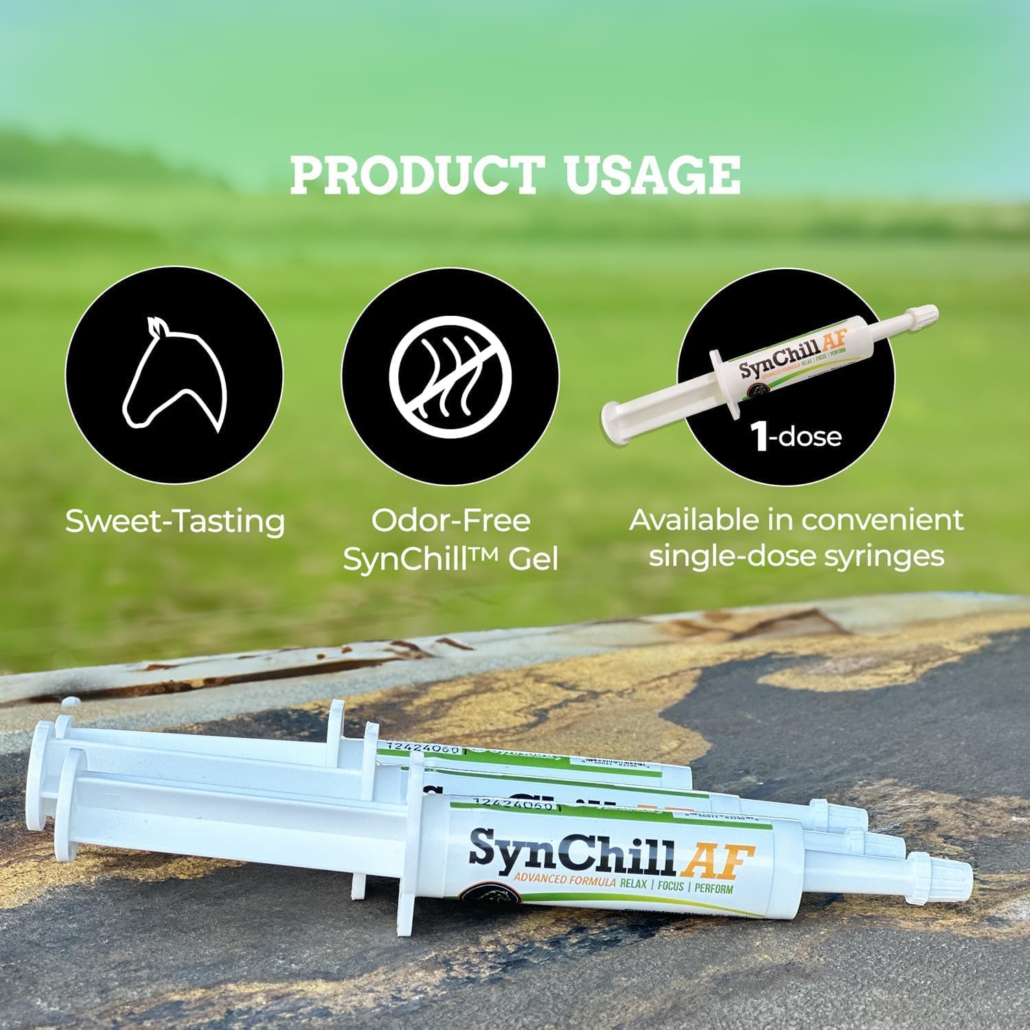 SynChill AF Calming Gel for Nervous Horses - Single Serving - Advanced Formula with L-Theanine, Increased Potency, 100% Natural Supplement, Disposition & Confidence Support for Horses - 12 Pack