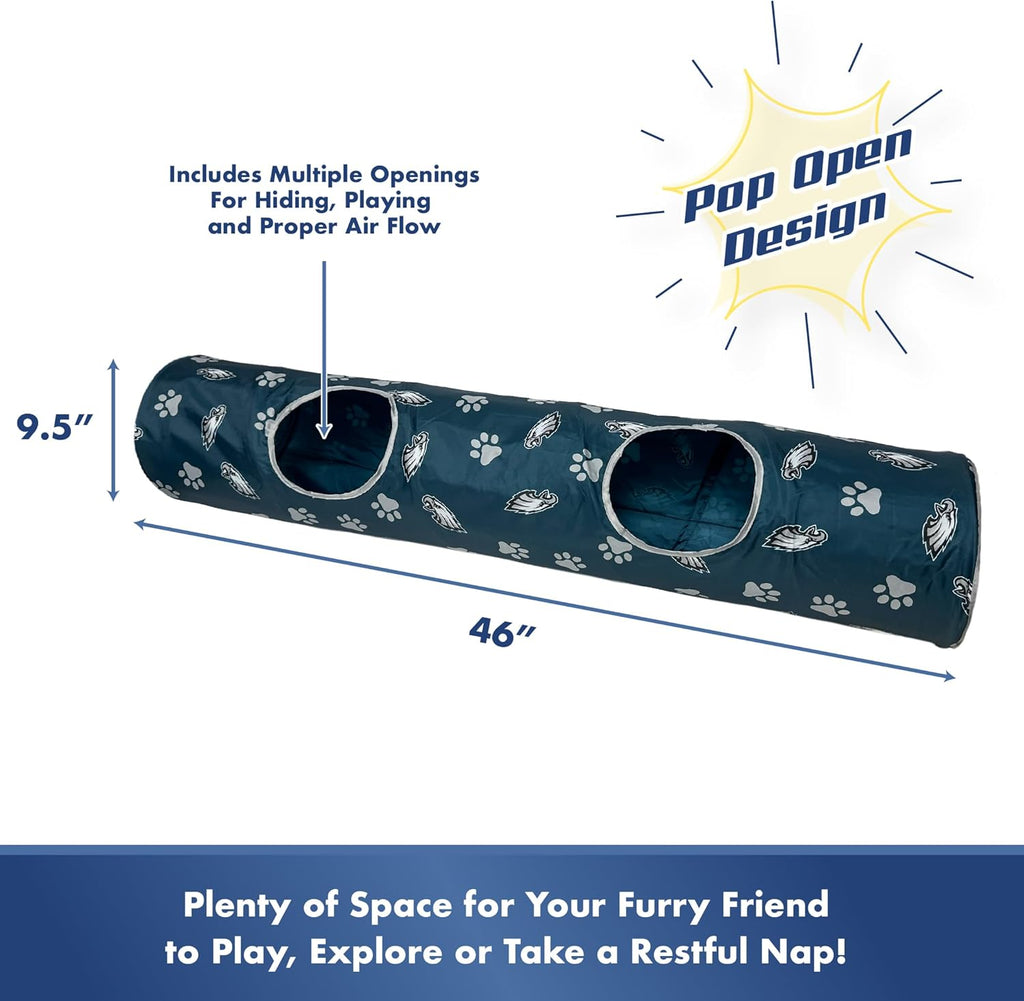 NFL Philadelphia Eagles Cat Tunnel Tube Toy with Plush Football Catnip and Feathers Collapsible Tunnel for Cats to Play, Peek and Hide, Sporty & Fun Cat Tunnel Toy with Team Logo All-Over Design!
