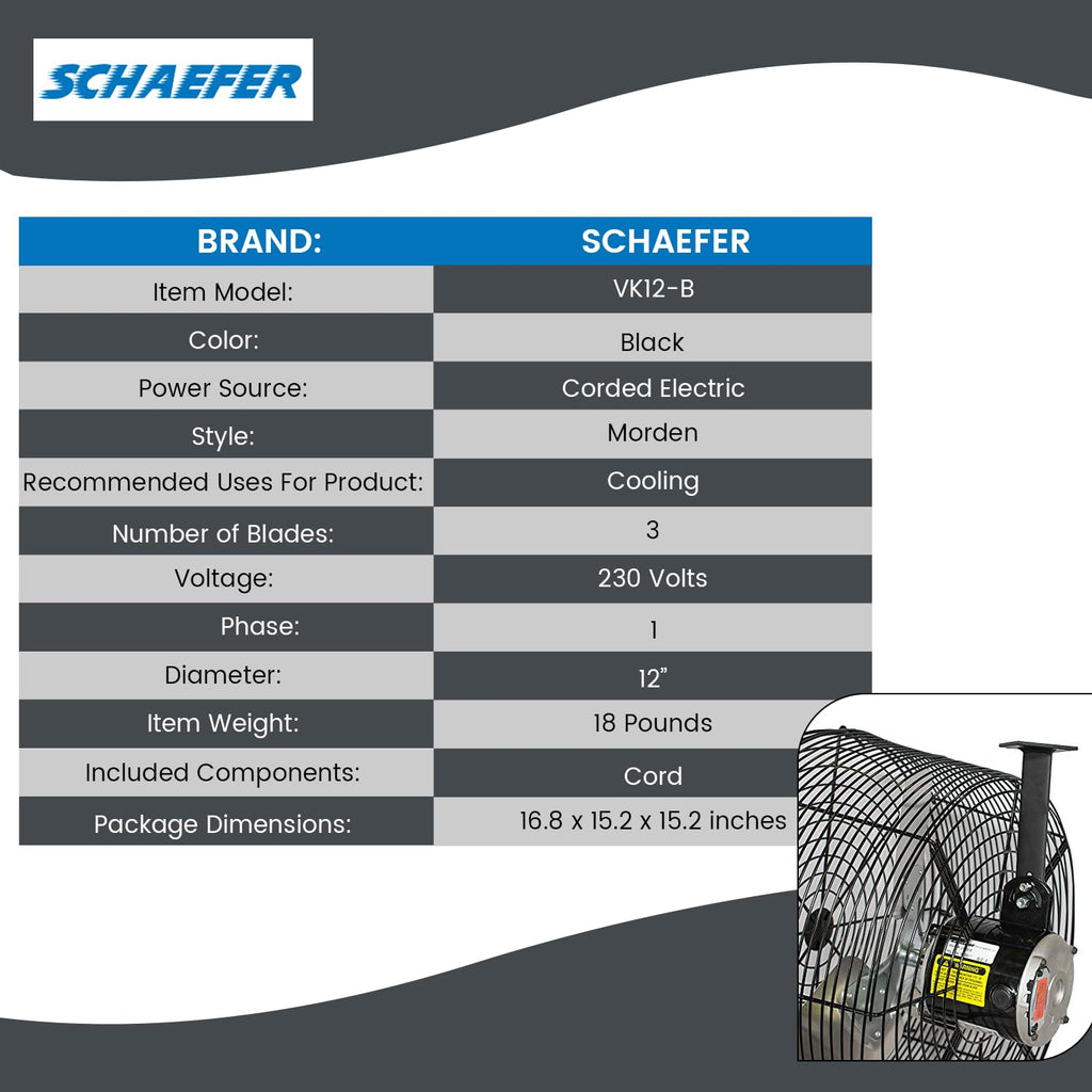 Schaefer VK12-B VersaKool Air Circulator Ceiling Wall Mount Greenhouse Fan & Aluminum Blade, 1470 CFM, 1/10 hp, Energy-Efficient Commercial Fan for Patio, Garage, Industrial & Workshop (Black)