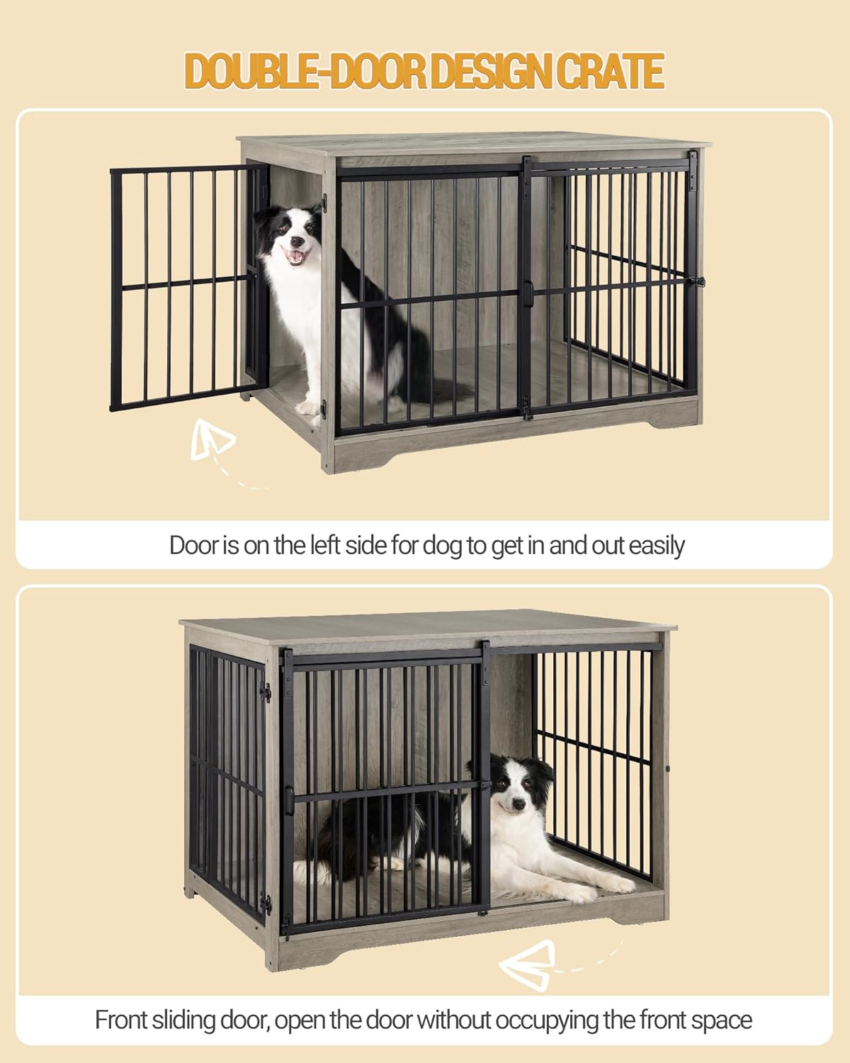 XL Large Dog Crate Furniture, 44.1" Indoor Dog Kennel Furniture with Barn Door, Wooden Tall Dog Crate, Heavy Duty Dog Cage for Large Dogs, Side End Table, Anti-Chew, Greige Black DFC80105B
