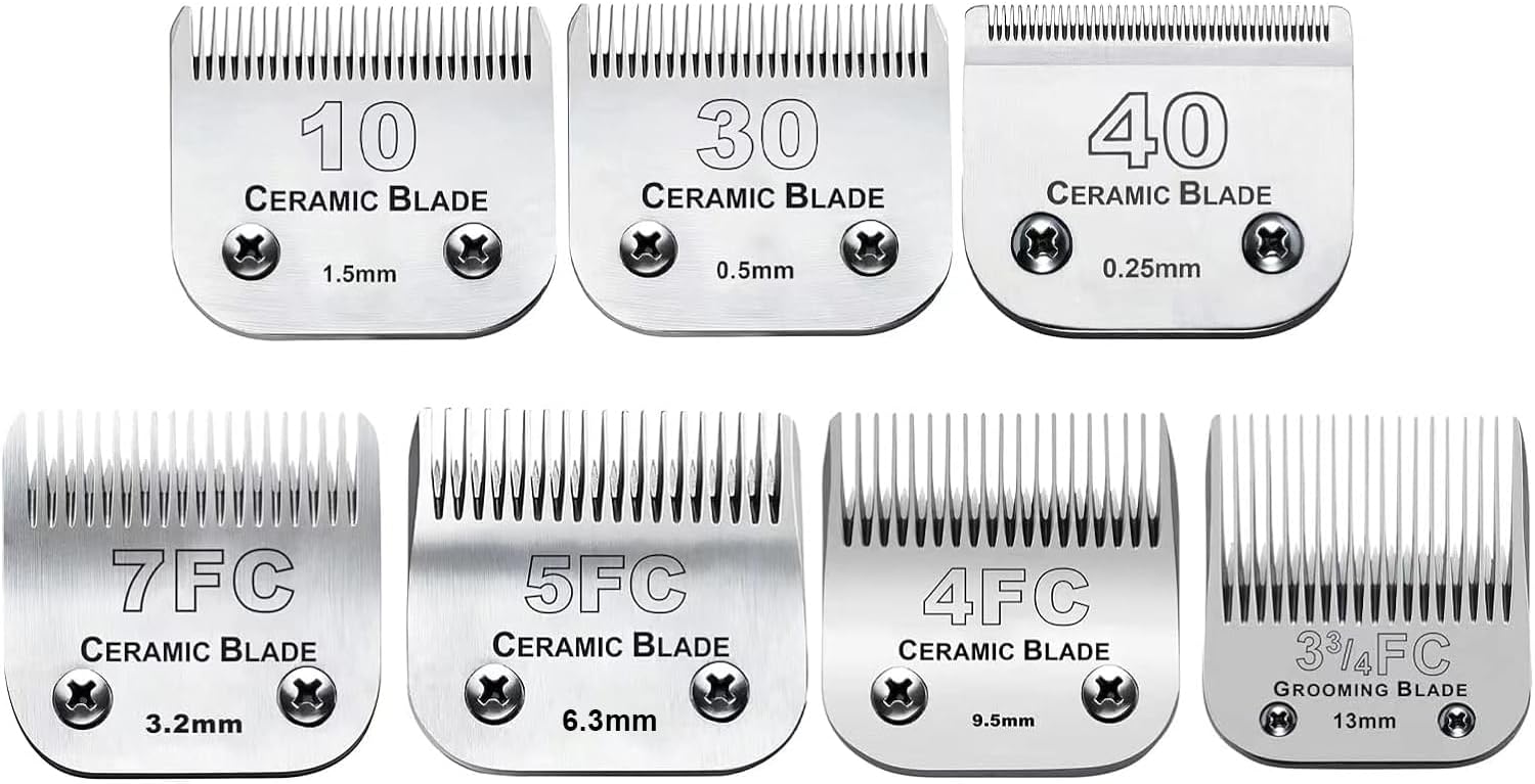 7pcs Dog Grooming Blades Compatible with Andis/Wahl/Oster Dog Clippers,Detachable Ceramic Blade & Stainless Steel Blade,Size:#3FC+4FC+5FC+7FC+10+30+40