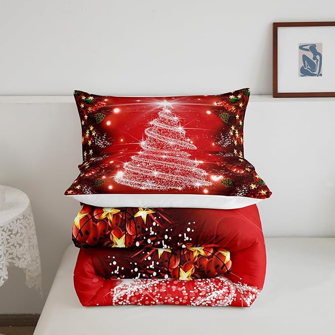 Feelyou Kids Merry Christmas Decorations Comforter Set, Kids Santa Tree Bedding Set Toddler Size for Boys Girls Teens Xmas Christmas Bell Decor Comforter Glitter Red Quilt Set