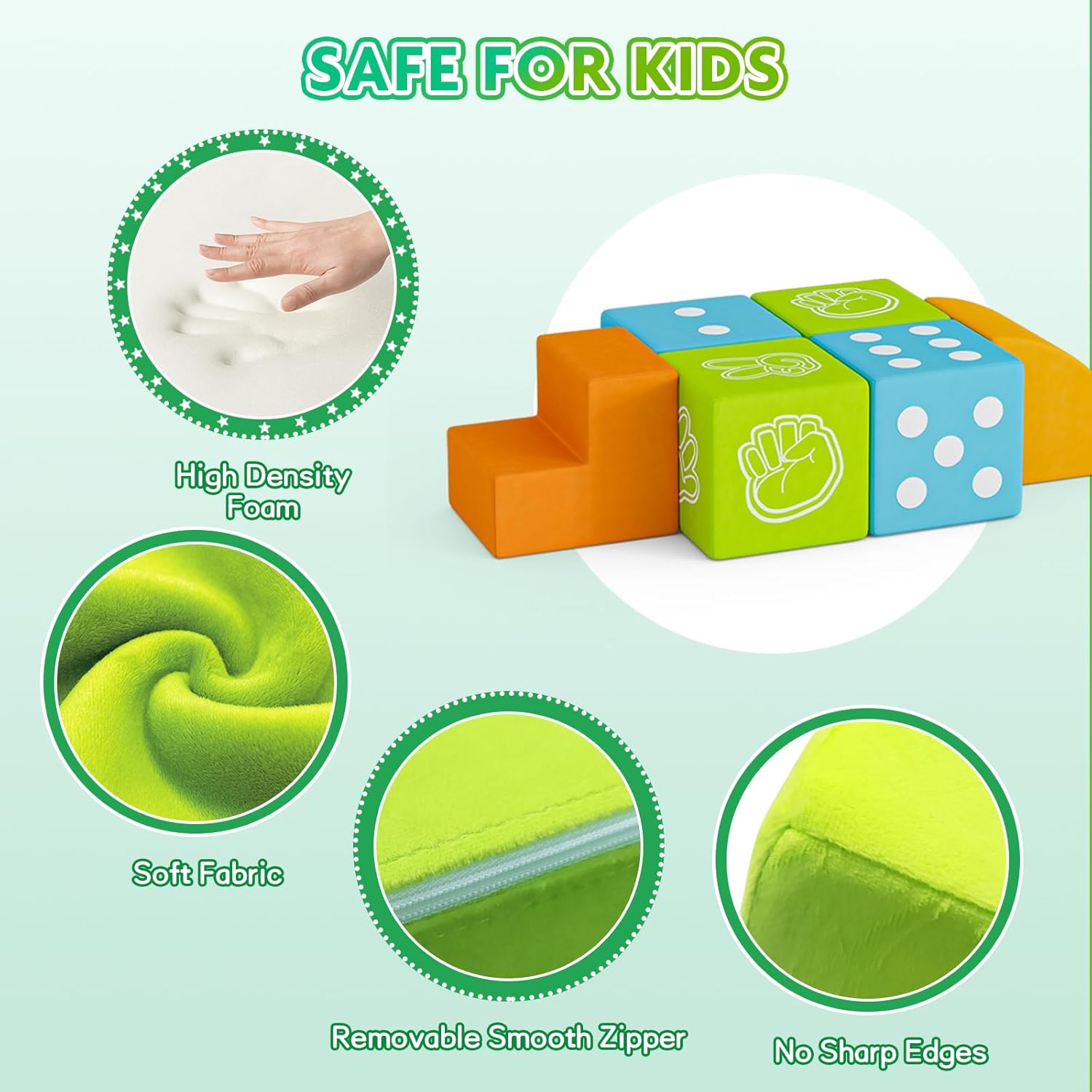 UMOMO 6 PCS Foam Climbing Blocks for Toddlers, Dice & Rock-Paper-Scissors Game Modes, Colorful Modular Play Set for Kids - Safe Indoor Activity Toy for Preschool Playroom (Green-Blue)
