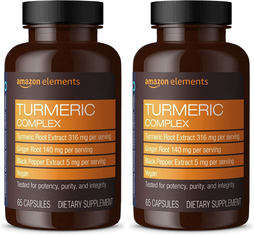 Amazon Elements Turmeric Complex, 316 mg Curcumin, 140 mg Ginger, 5 mg Black Pepper - Joint & Immune System, Healthy Inflammation Response - 65 Capsules (2 Month Supply) (Pack of 2)