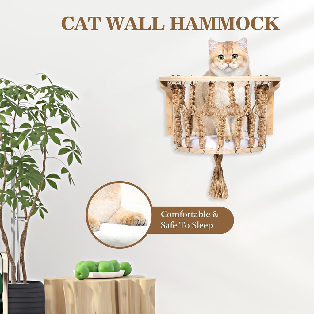 Cat Wall Shelves and Perches, Wall Mounted Cat Furniture with Hammock, Bridge, Tree, Steps and Scratching Posts, Wooden Climbing System for Indoor Large Cats and Kittens