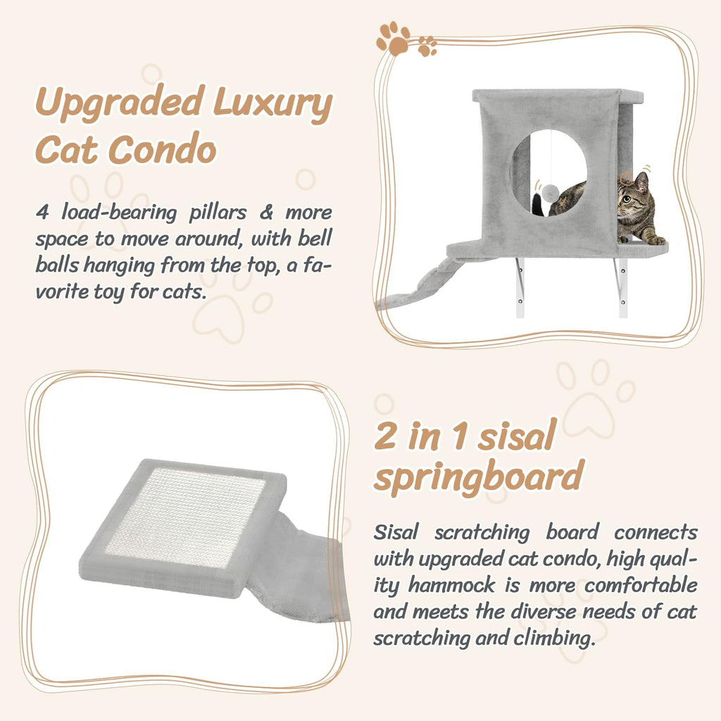 NUNU LAB 7-in-1 Wall Mounted Cat Climber Set, Cat Furniture Set with House, Tunnel, Bridge, Tree, Steps, Scratcher Board, Hammock, Luxury Wall Shelves for Indoor, Gray