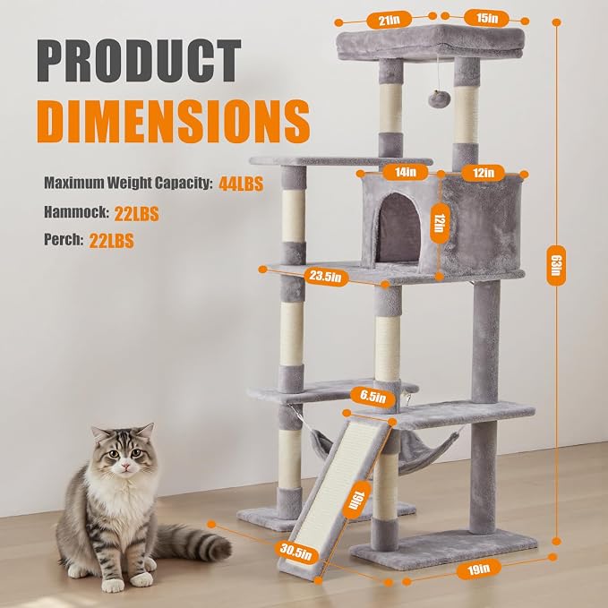 Large Cat Tree 63 Inch, Sisal Scratching Posts Board and Hammock, Pet Play House - Image 2