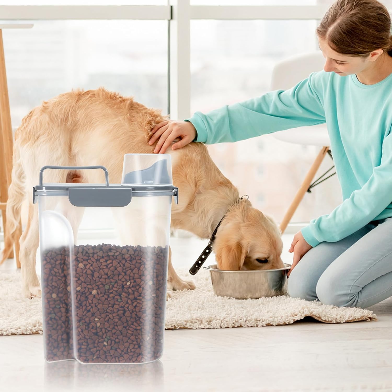 Large Spout Pet Food Storage Container, 5-7LBS/6Qt/5L Meter Dispenser with Handle, Measuring Cup, Double Sealing Tape and 4 Safety Snaps to Seal Dog Food and Cat Food-Gray Blue