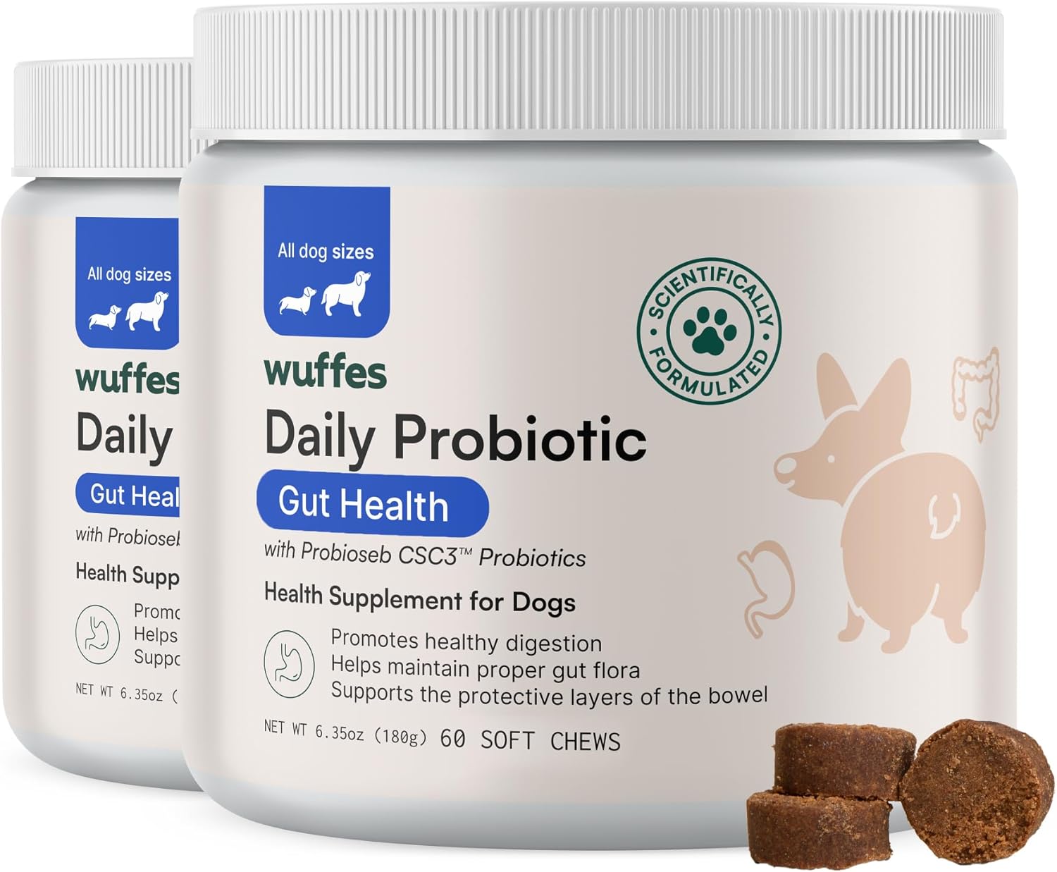 Wuffes Daily Probiotic for Dogs - Supports Digestive Health, Gut Balance, and Immune System - with Prebiotics, Marshmallow Root, and Pumpkin Powder (120 Chews (Pack of 2))