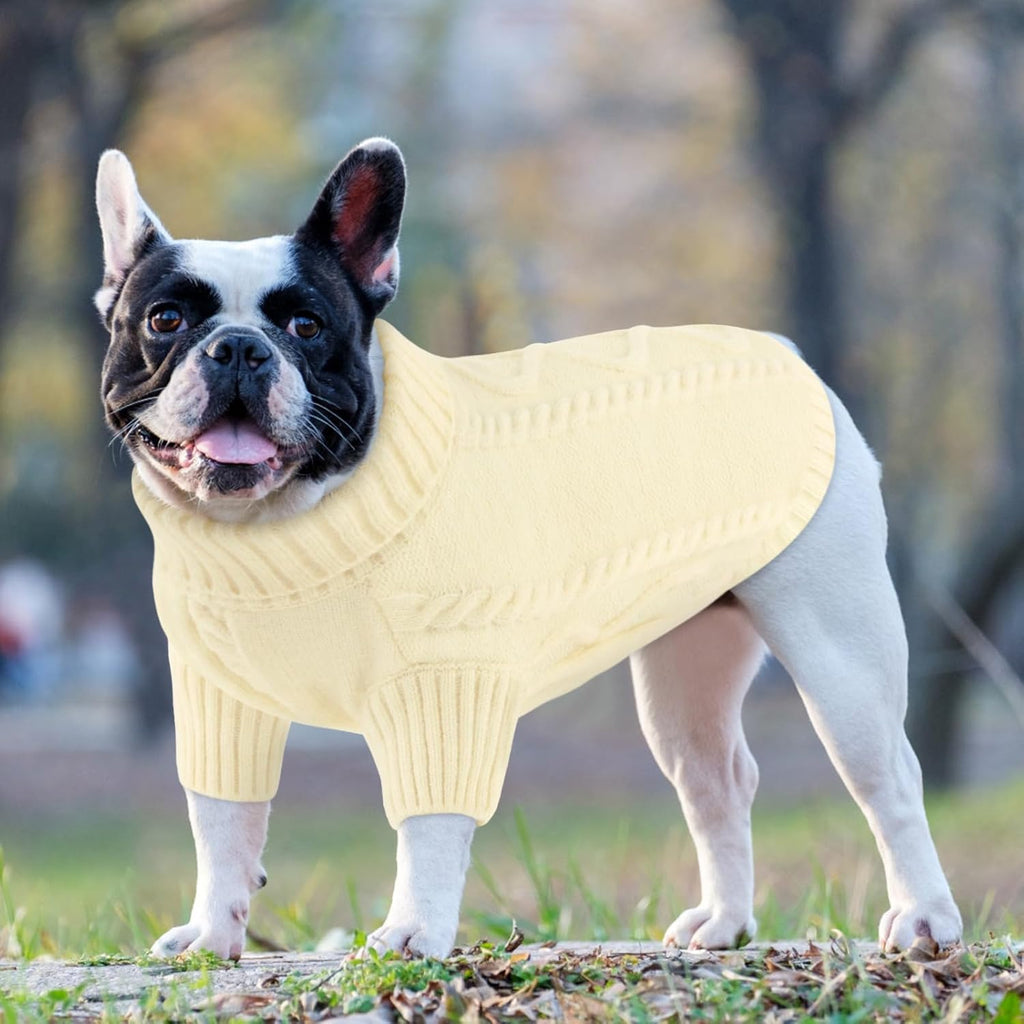 Queenmore Small Dog Pullover Sweater, Cold Weather Cable Knitwear, Classic Turtleneck Thick Warm Clothes for Chihuahua, Bulldog, Dachshund, Pug (White, X-Small)