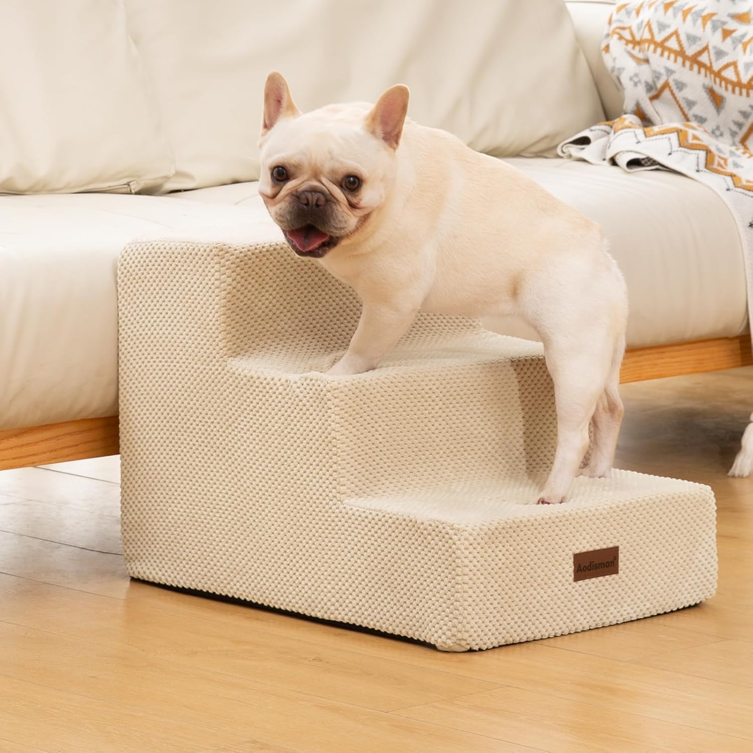 Dog Stairs for Small Dogs & Cats, 3-Step Extra Wide Non-Slip Pet Steps for Couch Sofa and Chair, Beige, 15.7" H