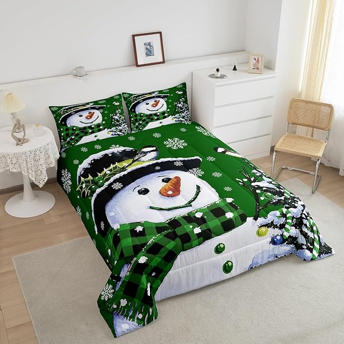Feelyou Kids Christmas Theme Decorations Bedding Set Xmas Snowman Comforter Set for Boys Girls Snowflake Kawaii Cute Comforter Green Quilt Set Bedroom Collection King Size