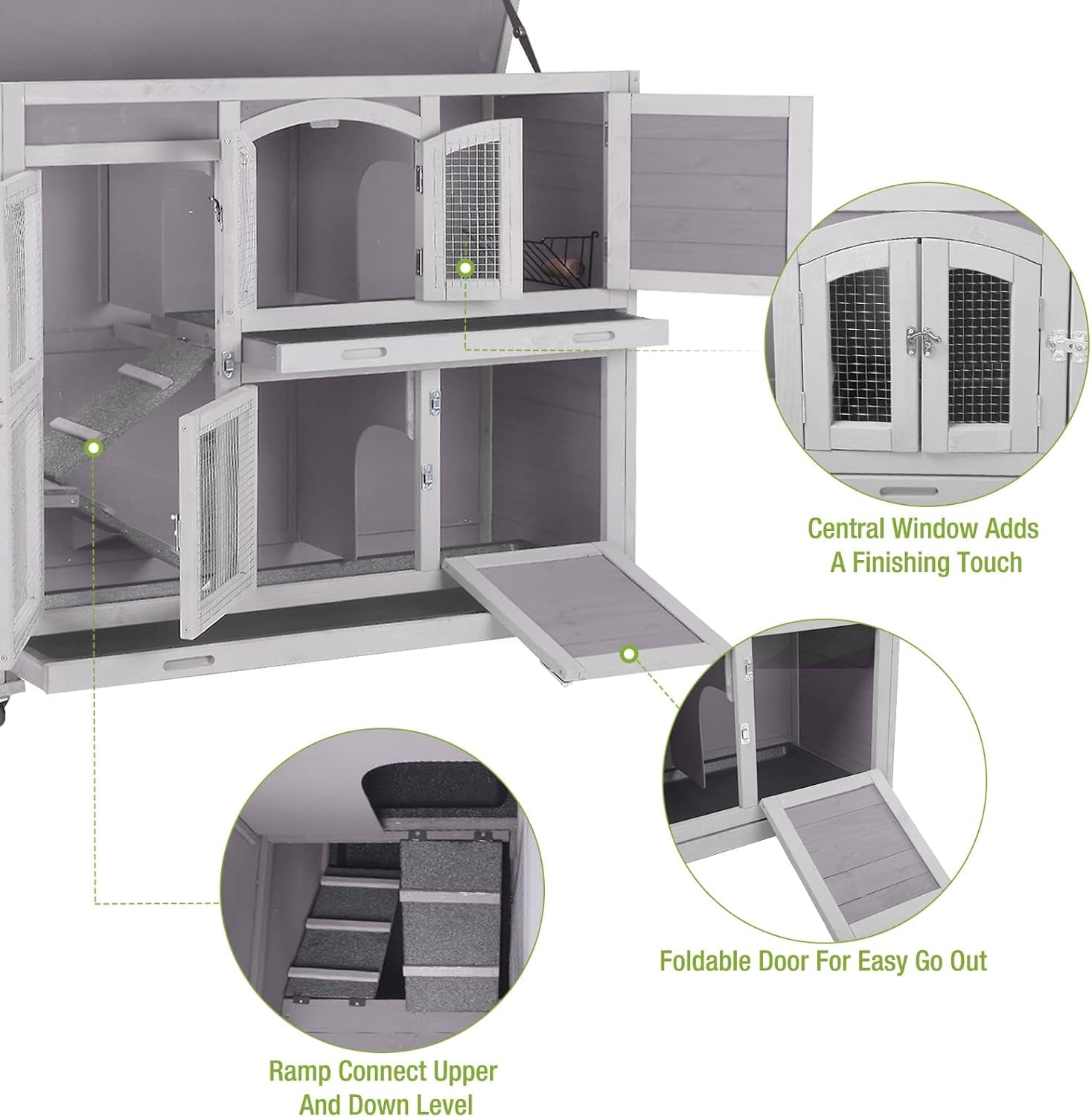 GUTINNEEN Guinea Pig Cage 2 Story Indoor Rabbit Hutch Outdoor Bunny House with Wheels and Leakproof Tray 47" L