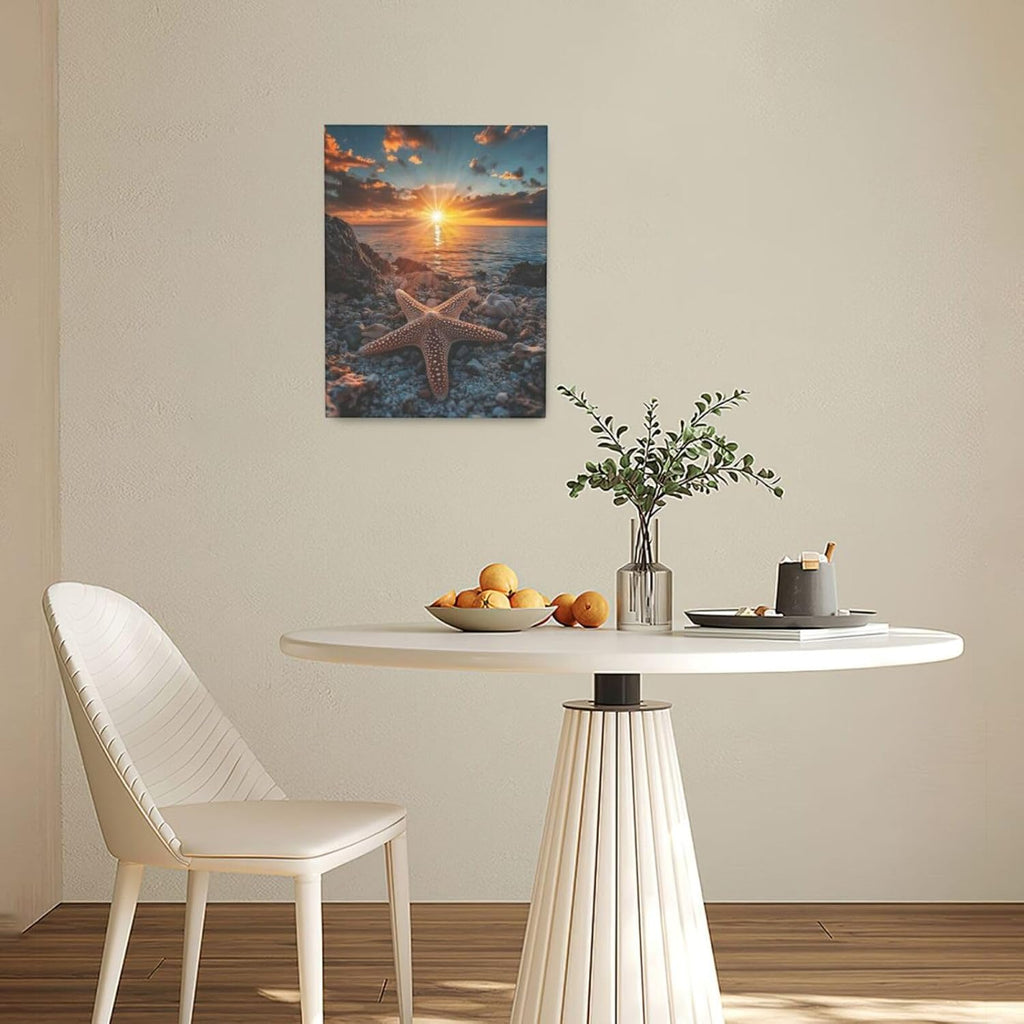 Beach Starfish Wall Decor Ocean Starfish Wall Art Sunset Scenery Coastal Theme Pictures Canvas Nature Seascape Painting Print Framed Artwork Decorations for Home Bathroom Living Room Bedroom Office 12"x16"