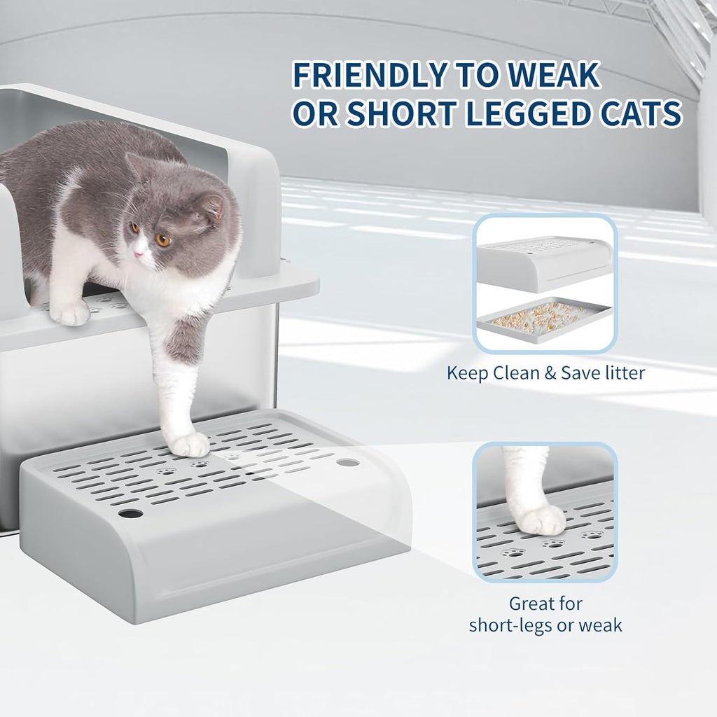 Stainless Steel Cat Litter Box 6 inch, XXL Large Cat Litter Tray with High Side, Platform Step and Scoop for Big Cats Multiple Cats, Easy Clean