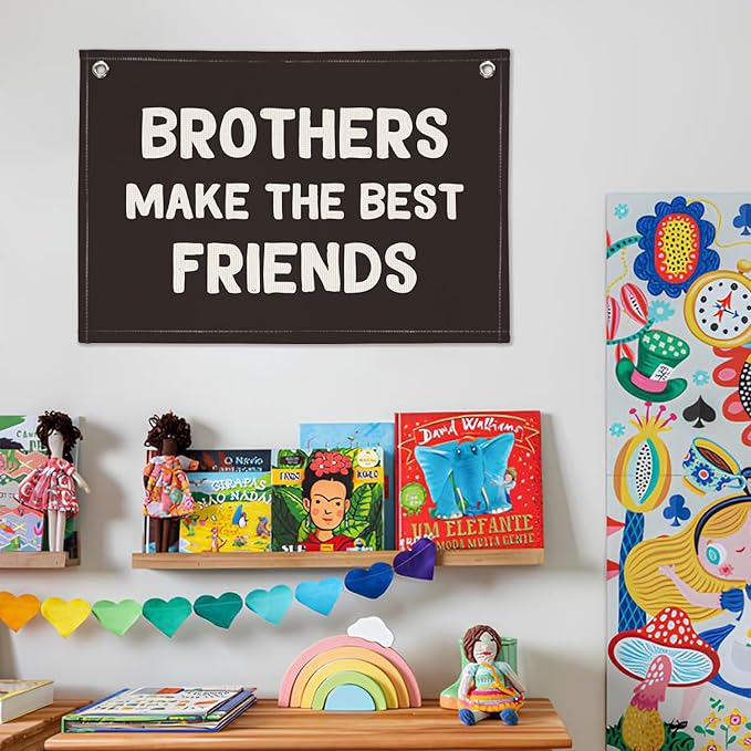 Brothers Make The Best Friends Banner, Boys Room Decor, Toddler Boy Linen Banner Wall Hanging Flag Decor for Nursery 20x30 - Black