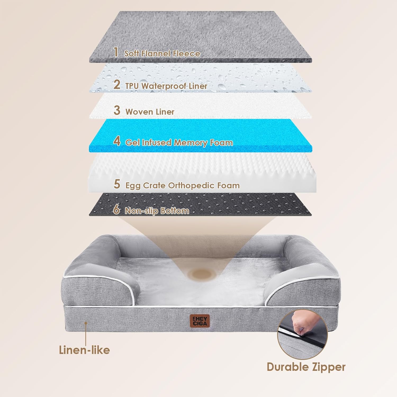 EHEYCIGA Orthopedic XL Dog Beds, Waterproof Memory Foam Dog Bed for Extra Large Dogs, Non-Slip Bottom and Egg-Crate Foam Big Pet Couch Bed with Washable Removable Cover, Grey
