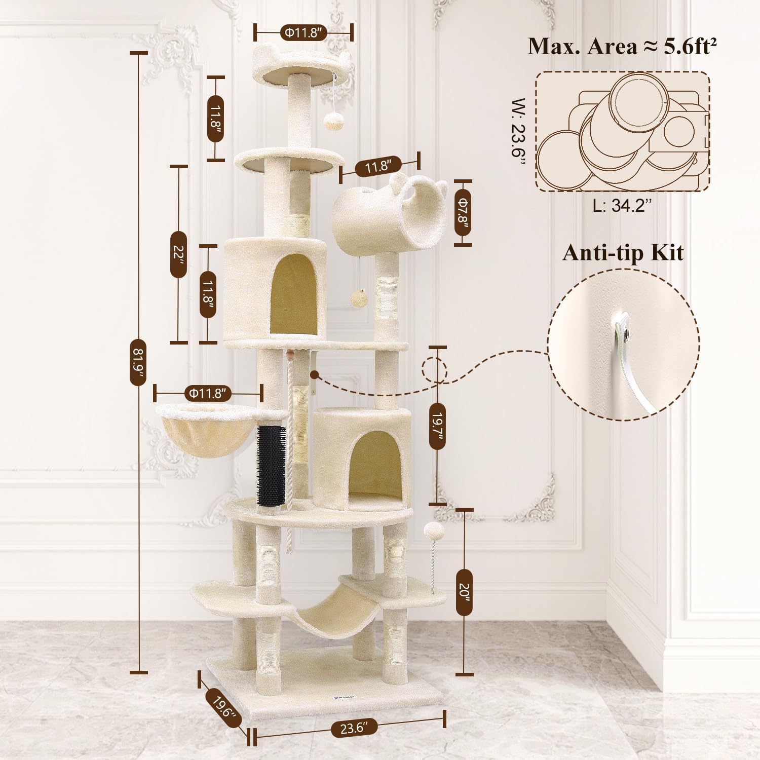Globlazer Artistic Curved Cat Tower for Small Cats (Under 12 lbs), 81-inch Slim Design Cat Tree with Space-Saving Design, Indoor Cat Condo with Hammock & Tunnel, C81, Beige, Non-Large Cats