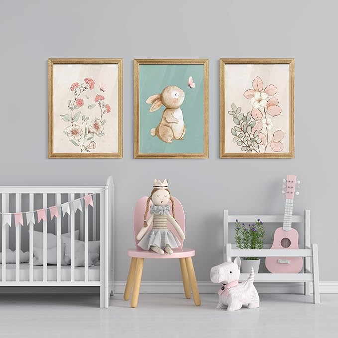 arfitest Nursery Wall Art Cute Bunny Botanical Flowers Wall Decor Pink Green Nursery Pictures Posters Girl Bedroom Canvas Prints gifts for Baby Boys and Girls Playroom paintings 12x16inch