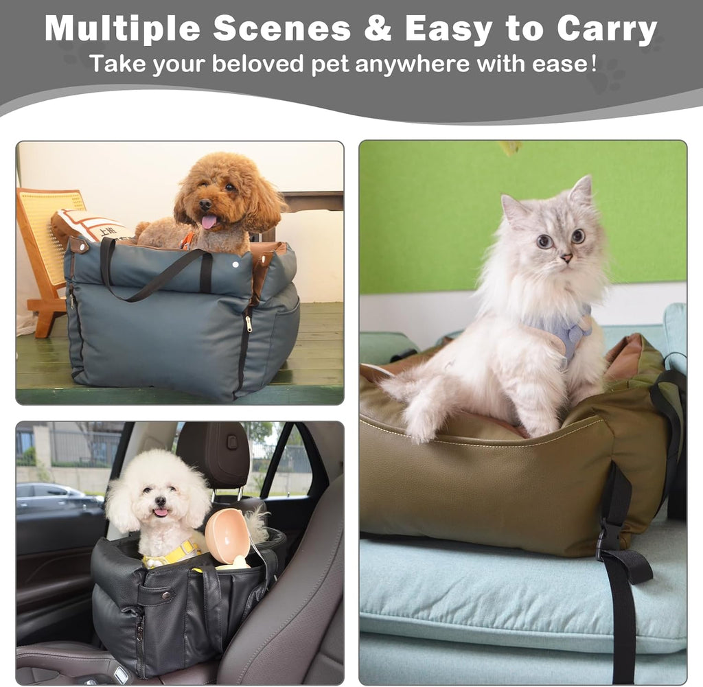 Dog Car Seat for Small Dogs, Large Leather Dog Car Bed with Storage Pocket, Waterproof PVC Leather Booster Seat Travel Bed for Front & Back Seat, Clip-On Safety Leash (Blue/Brown)