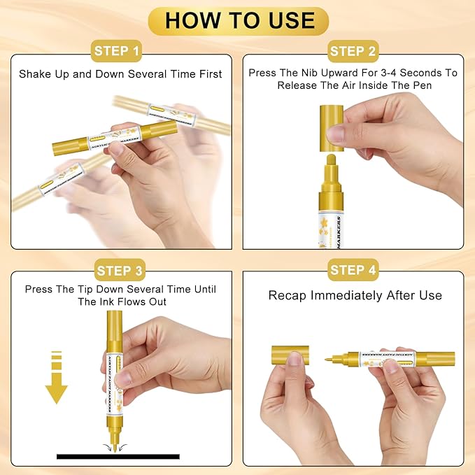 Acrylic Paint Marker Pens - 4 Pack Dual Tip Permanent Markers (0.7mm & 3mm) Water-Based Ink Pens for Rock Painting, Canvas, Ceramic, Glass, Wood, Plastic, DIY Crafts (Black/White/Gold/Silver)