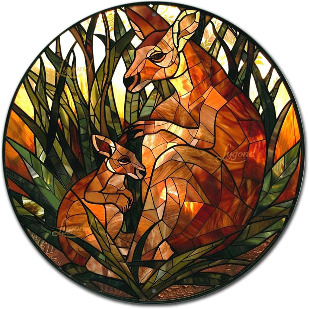 Lygond Metal Sign Tin Sign Circular Stained Glass Kangaroo Funny Bathroom Decor For Club 8×8 Inches