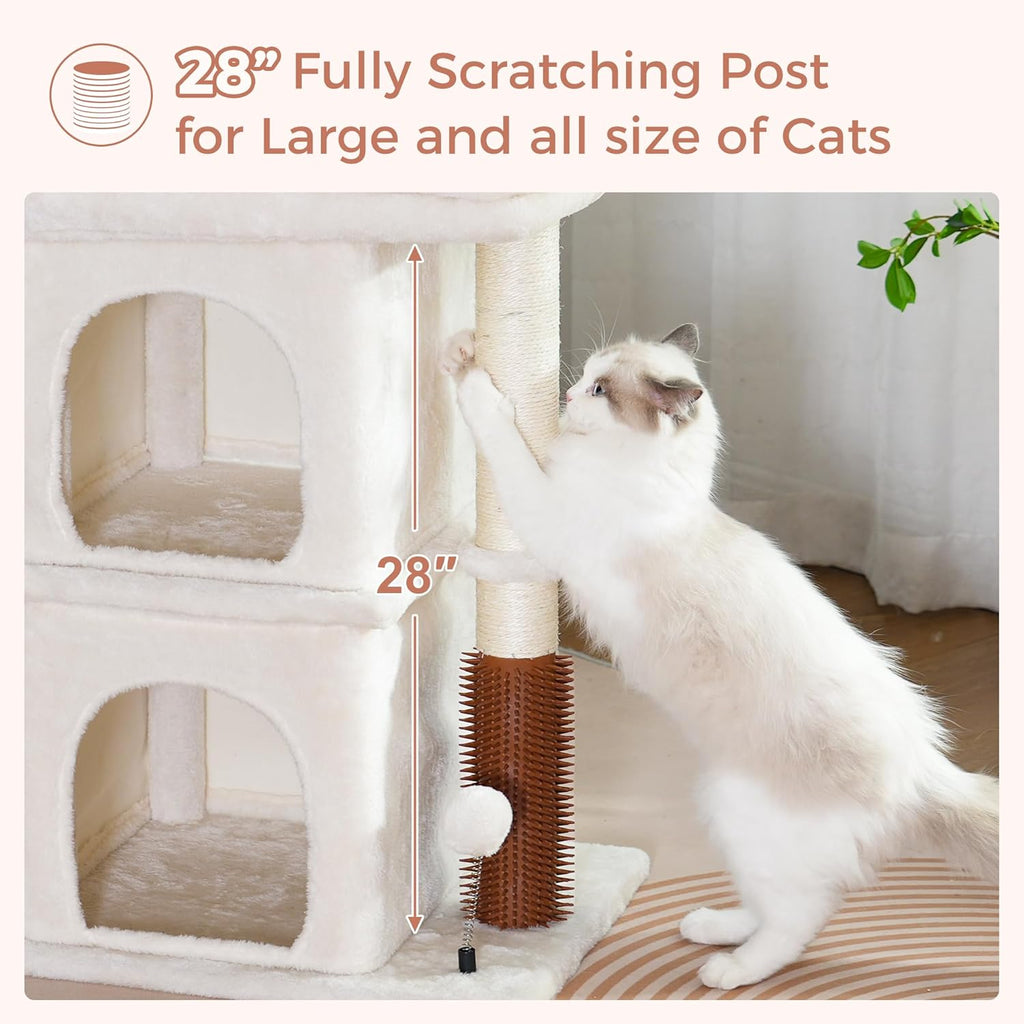 Cat Tree with Large Top Bed 17.7x15.7” Small Cat Tower with Dual Condos,28” Fully Scratching Post and Self Groomer for Indoor Cats-Beige