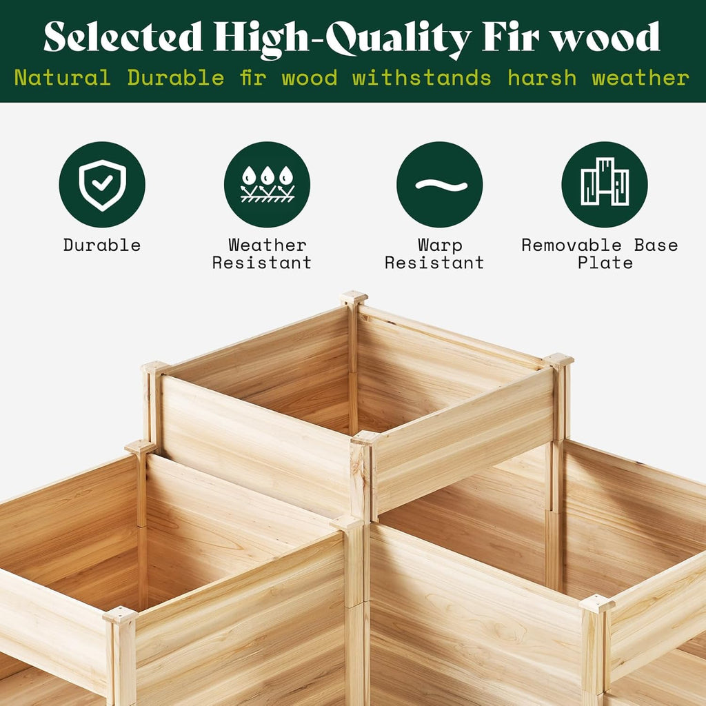 AMERLIFE 3-Tier Raised Garden Bed for Outdoor Gardening, Fir Wood Planter Box with Dividers, Tool-Free Assembly, Garden Box Perfect for Vegetables, Herbs, and Flowers