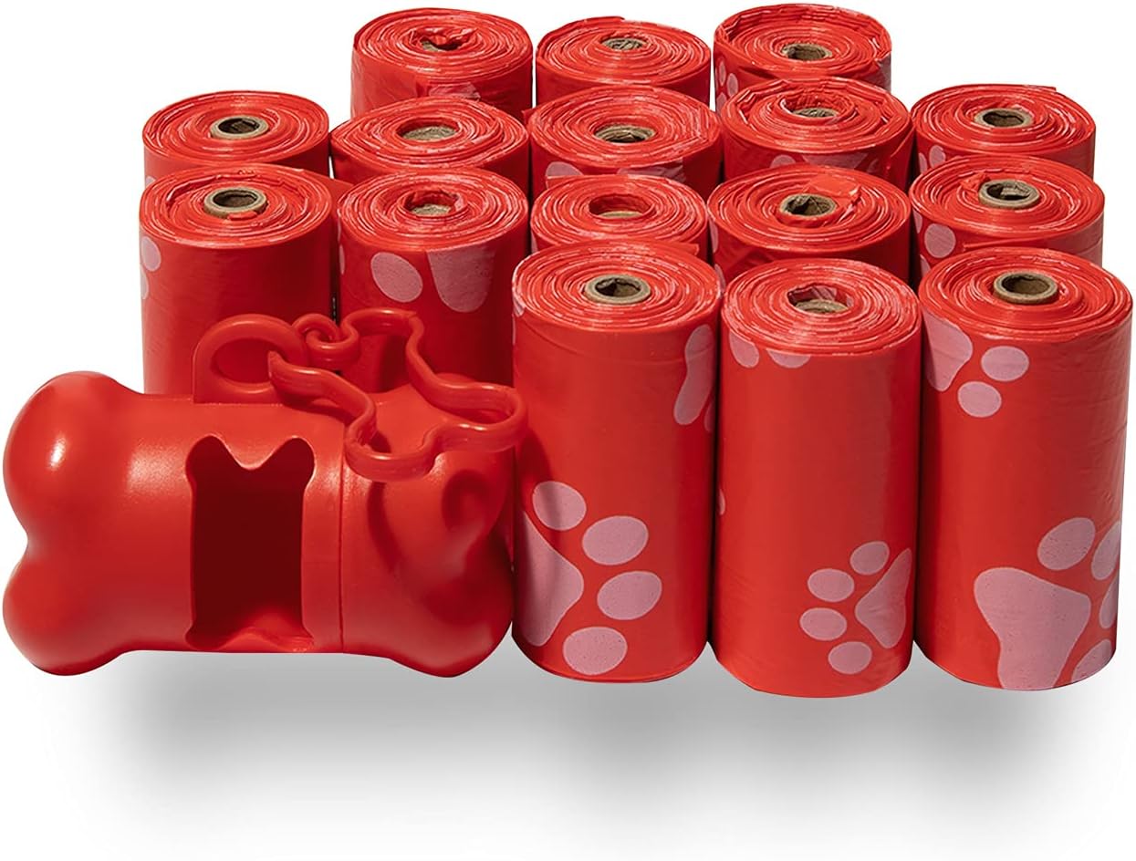 Best Pet Supplies Dog Poop Bags (240 Bags) for Waste Refuse Cleanup, Doggy Roll Replacements for Outdoor Puppy Walking and Travel, Leak Proof and Tear Resistant, Thick Plastic - Red