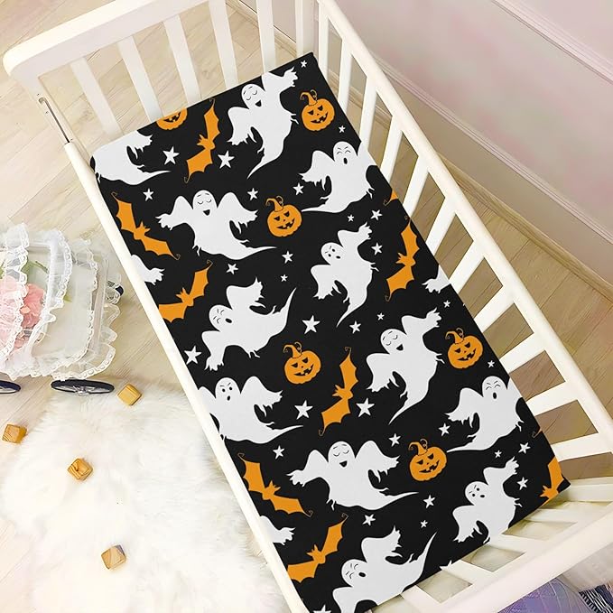 Pumpkin Ghost Halloween Crib Sheets Soft Breathable Fitted Baby Crib Sheets Mattress Cover for Girl Boys, 52" x 28" x 9"