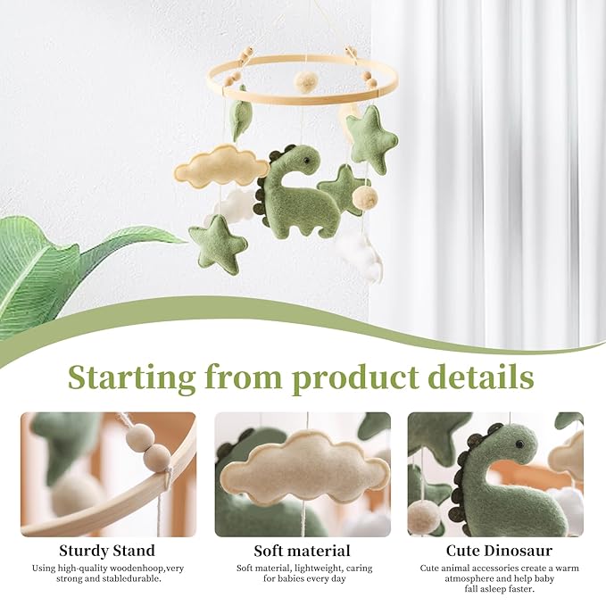 GOODMOM Dinosaur Baby Crib Mobile | Boys Nursery Decoration | Wooden Mobile for Crib | Dinosaur Nursery Mobile Theme | Newborn Baby Stuff | Baby Shower Gift for Boys & Girls | Easy Assembly & Durable