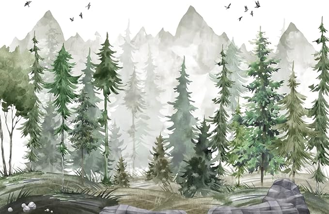 Forest Wallpaper Watercolor Green Woodland Mural Wallpaper for Nursery Room (Not Peel n' Stick)