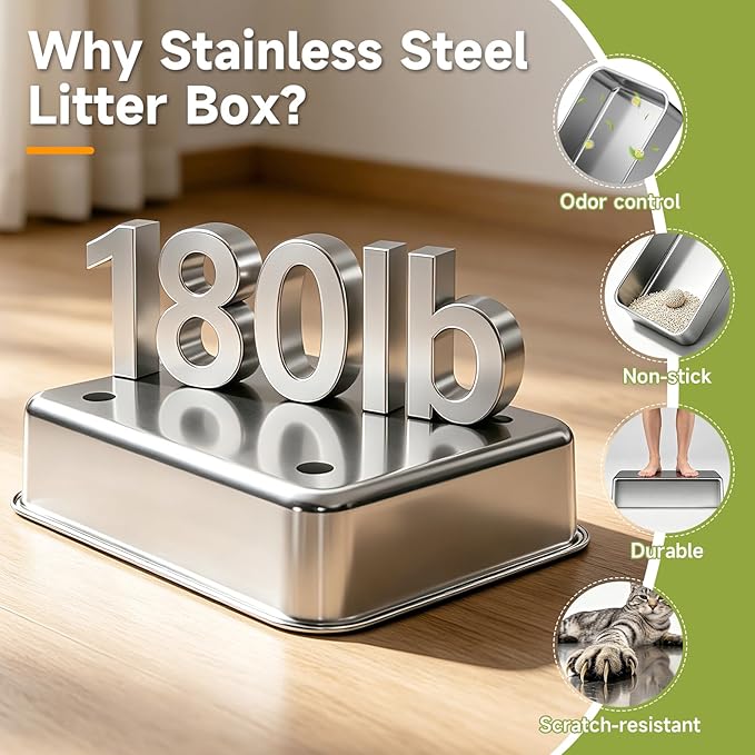 Stainless Steel Litter Box Metal High Sided Extra Large Cat Litterbox, - Image 6