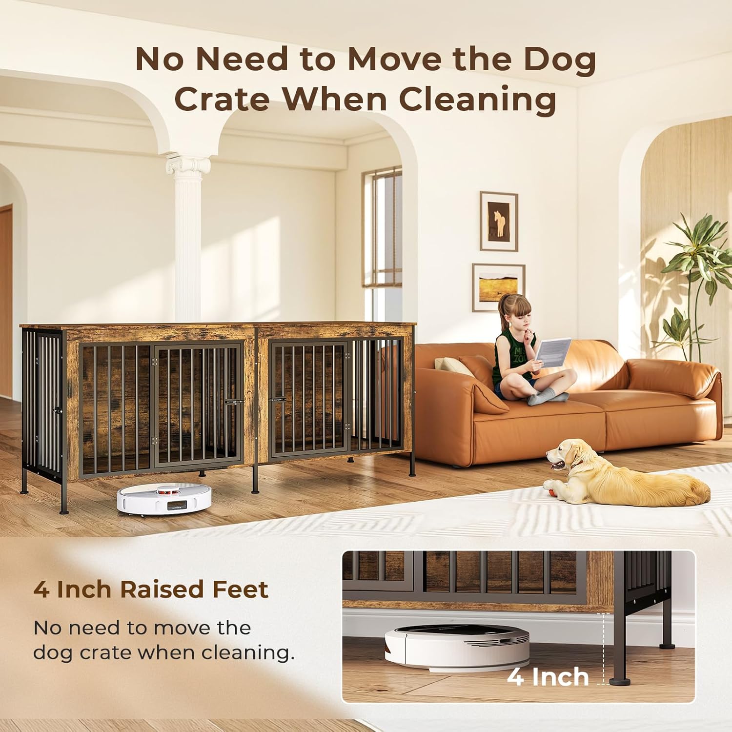 63 in Dog Crate Furniture for 2 Large/Medium Dogs with Removable Divider, Extra Large Double Doors Dog Kennel, XXL Thick Wooden Dog Cage Furniture,Sturdy and Durable, Brown