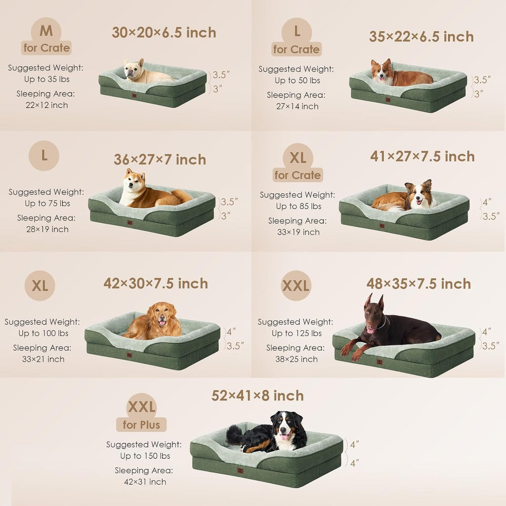 EHEYCIGA Memory Foam Dog Bed for Large Sized, Orthopedic Dog Sofa with Sides and Waterproof Liner, Washable Bolster Pet Couch with Removable Cover, 41x27x7.5 Inch, Green
