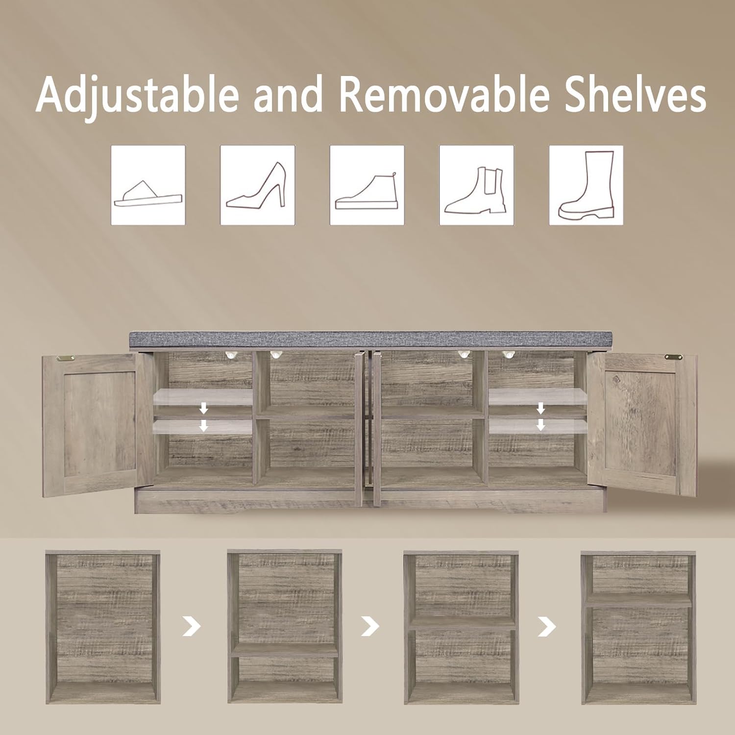 DINZI LVJ Shoe Bench, Entryway Storage Bench with Doors, Cushion, 2-Tier Shoe Rack with 8-Cubby, 47.2”L x 13.8”W Shoe Organizer Cabinet, Adjustable Shelf, Living Room, Bedroom, Gray Wash