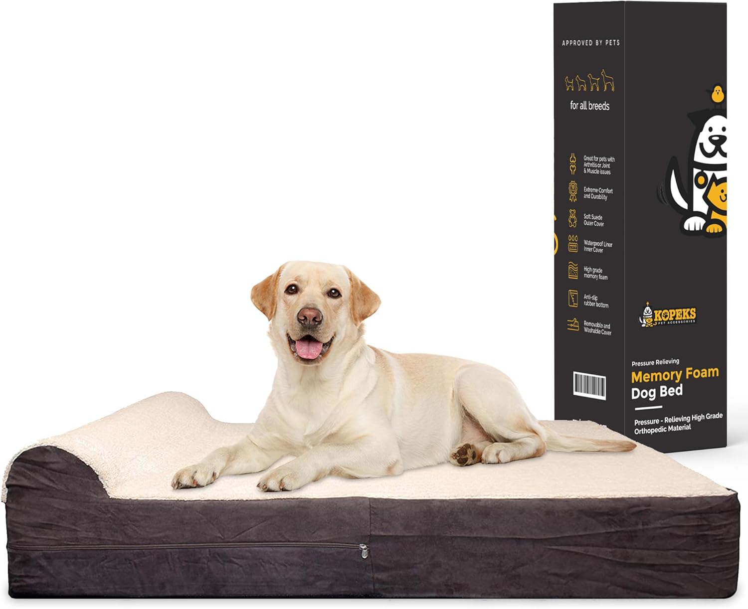 KOPEKS Jumbo Orthopedic Dog Bed - 7-inch Thick Memory Foam Pet Bed with Pillow with Removable Cover & Free Waterproof Liner - for Large Breed Dogs, XL, Brown-Plush Top