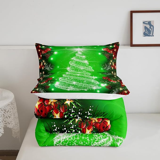 Feelyou Kids Merry Christmas Decorations Comforter Set, Kids Santa Tree Bedding Set Full Size for Boys Girls Teens Xmas Christmas Bell Decor Comforter Glitter Green Quilt Set