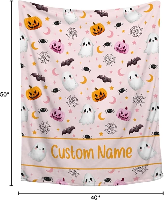 Custom Halloween Ghost Blanket | Personalized for Boys Girls | Plush Cozy Name Blanket | Halloween Decor Gifts | 40"x50"-Kids/Throw Size