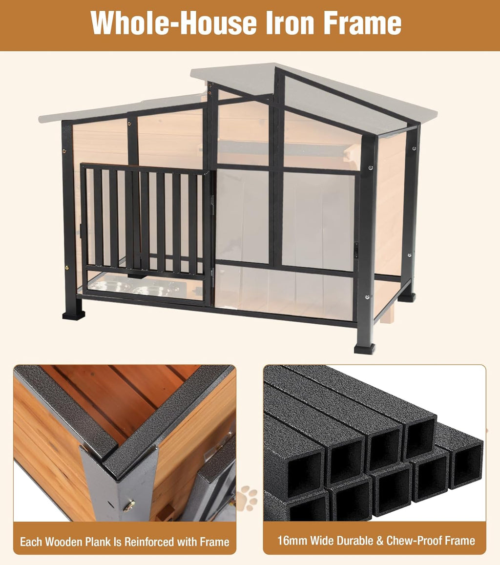 GUTINNEEN Dog House Outdoor with Anti-Chewing Metal Frame, Wooden Dog Kennel with 360° Rotating Feeding Bowl, Weatherproof Roof, for Indoor & Outdoor Use - Natural Wood Color