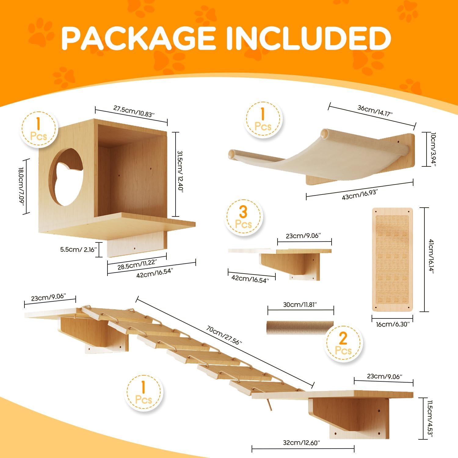 MeowHomm Cat Wall Shelves, Set of 5 Wooden Cat Wall Furniture with Cat Condo, Cat Scratching Post with 3 Steps, Bridge, Cat Hammocks and Scratcher